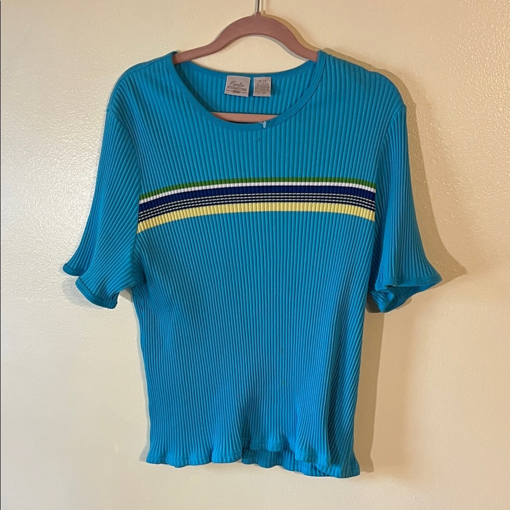 Liz Claiborne Blue Ribbed Short Sleeve Top